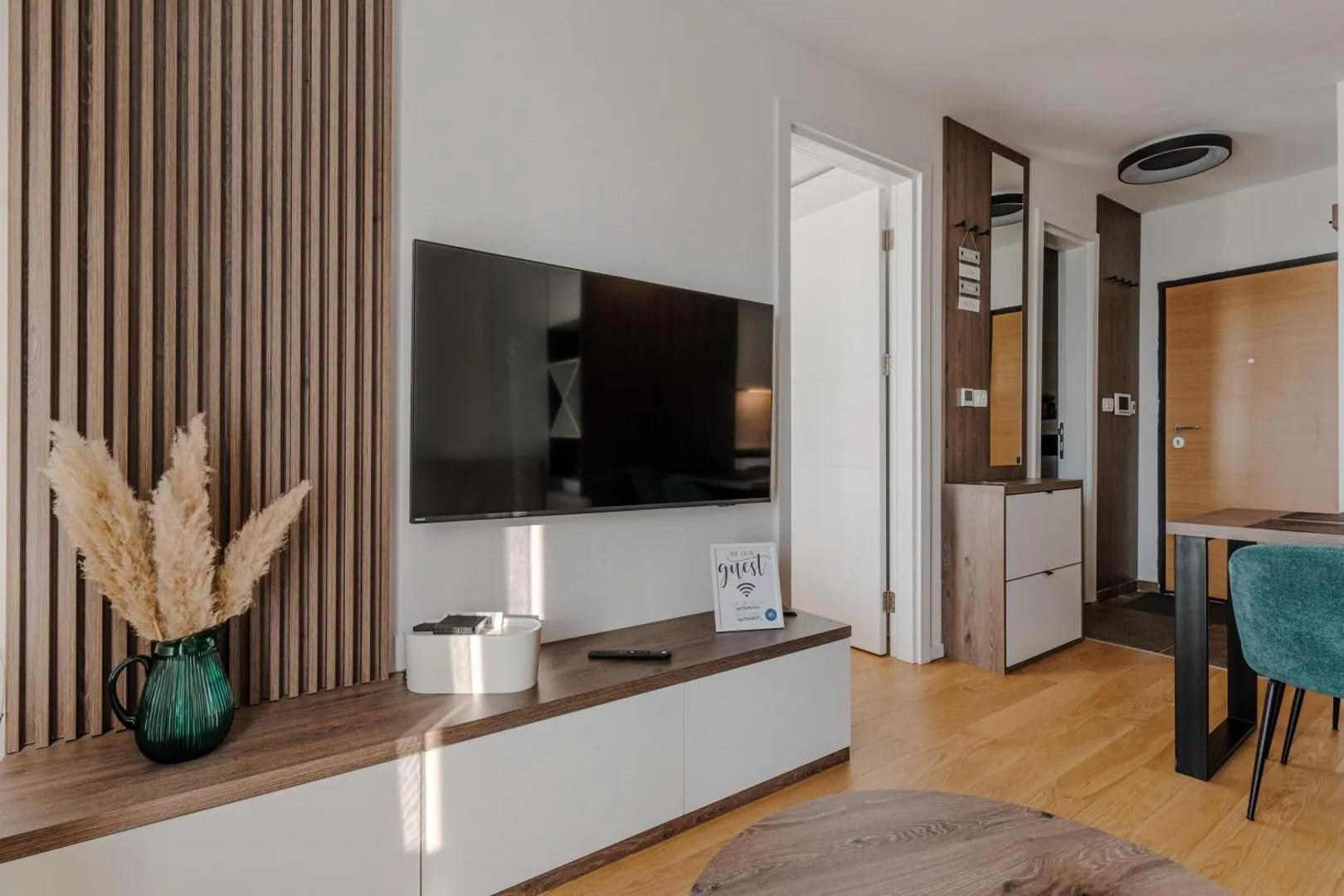 TV na drvenom zidu i ulaz u apartman